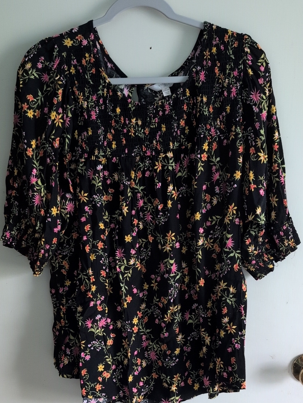 Terra & Sky Black Floral Smocked Peasant Blouse - Pink & Yellow Flowers